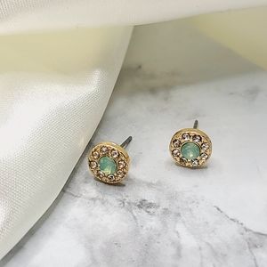 Gold Seafoam Diamond Halo Rhinestone Stud Button Earrings